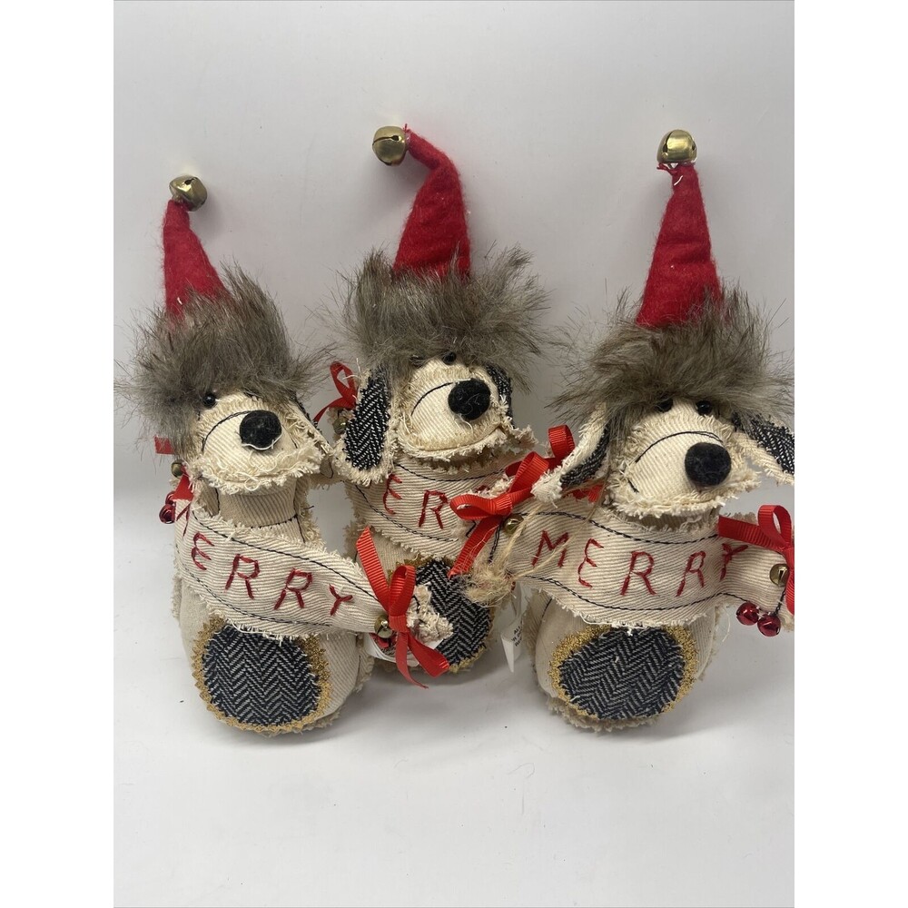 Burton+Burton “MERRY” Primitive Fabric Dog Ornament Set Of Three Lot New